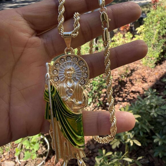 San Judas Tadeo 3" Big Pendant Necklace 14K GP Religious CZ Rope Torch Chain - Picture 2 of 4